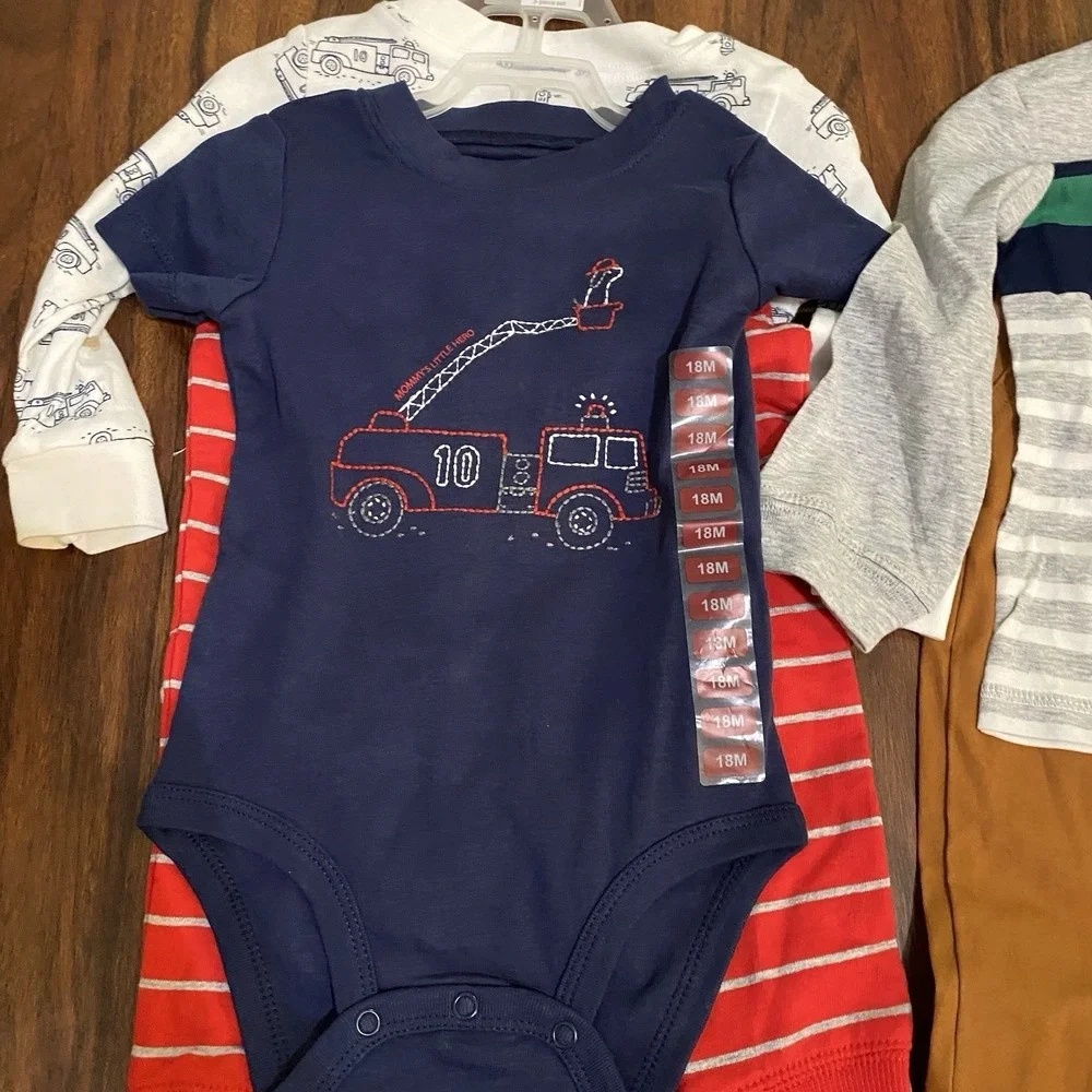 Carters NWT Boys 18 Months Sets 5 Pieces Bodysuit Pants Shirts Firetruck Stripes